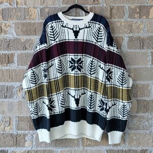 VTG 80s Nautica 100% Cotton Crew Neck Knit Sweater Reindeer Snowflakes Trees XL